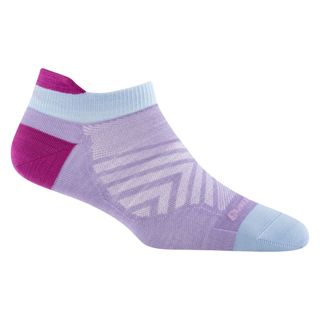 Women's ultra-lightweight no-show tab running sock, flat shot, lavender with magenta heel and blue toe