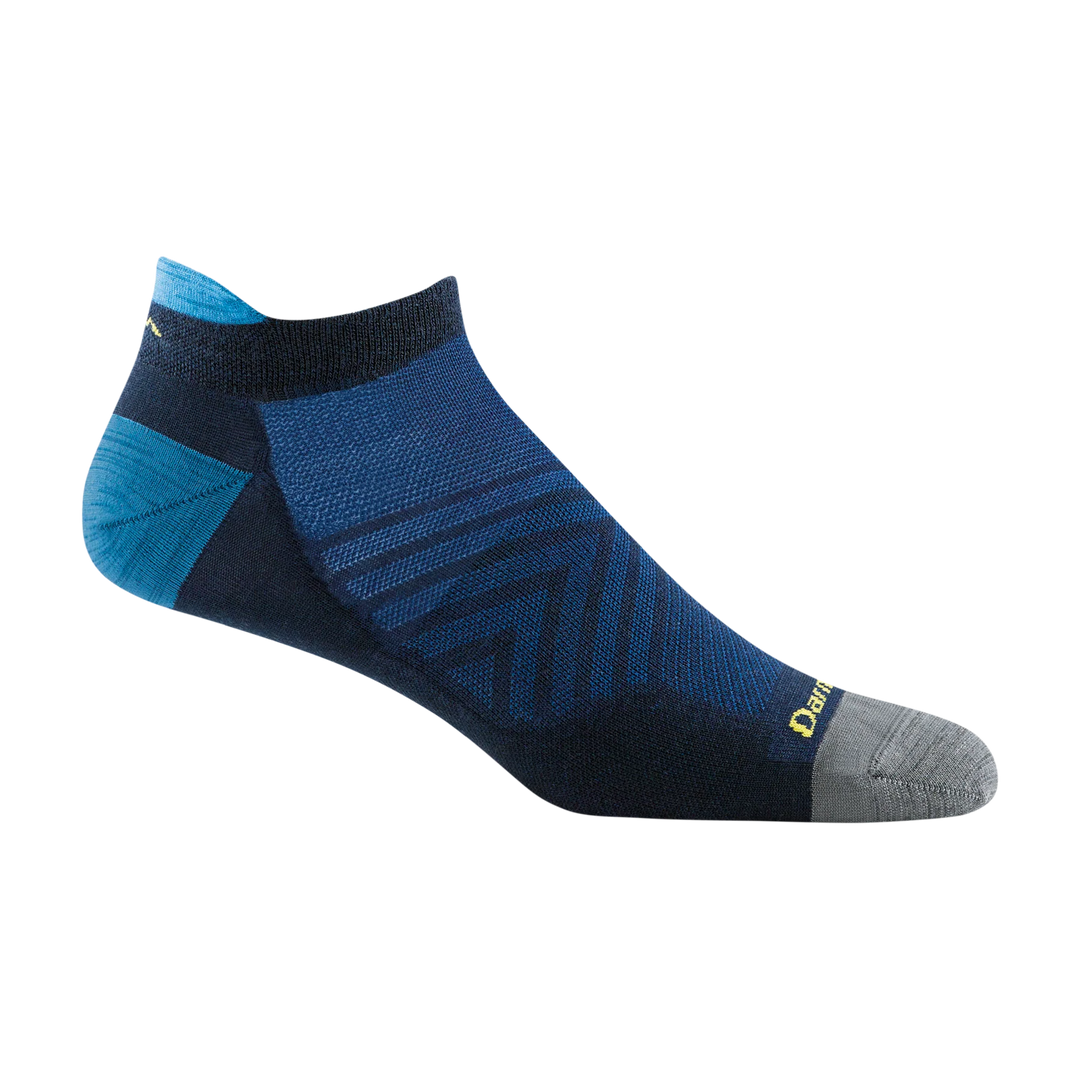 Men's ultra-lightweight tab running sock, flat shot, navy with cyan heel accent