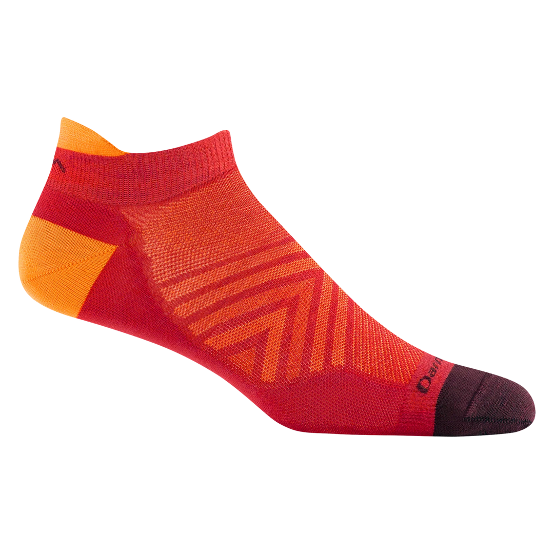 Men's ultra-lightweight tab running sock, flat shot, red with orange mesh and ankle accent