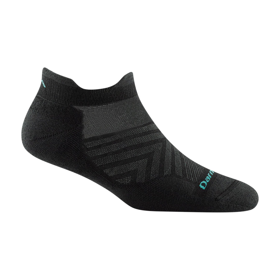 Women's cushioned no-show tab running sock, flat shot, black with gray mesh and teal accent