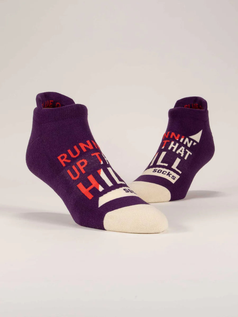 Women's purple Runnin' Up That Hill low-cut socks, flat side view showing cream toe