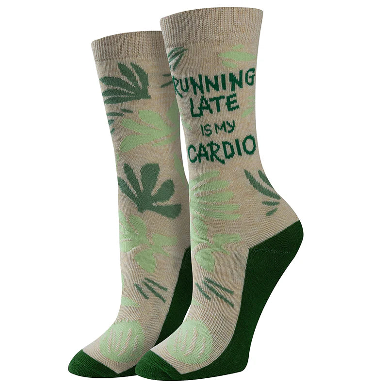 Women's running-late-is-my-cardio crew socks in oatmeal, flat lay
