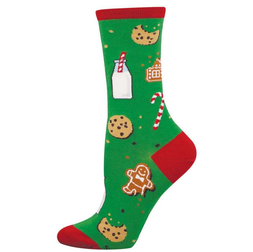 Women's Santa's milk and cookies crew socks in green with cookies and milk, flat lay single sock