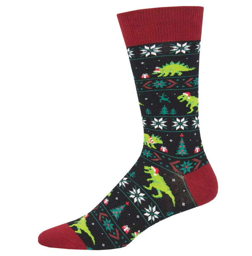 Men's Santasaurus Rex crew socks laid flat, black with Santa-hatted dinosaurs in a Fair Isle holiday pattern