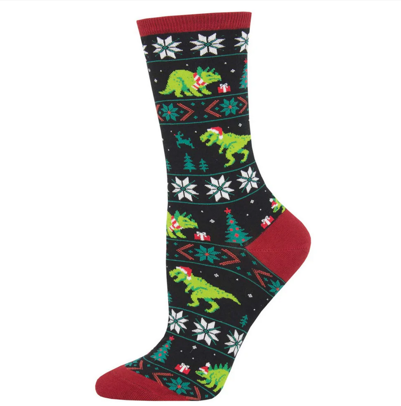 Women's Santasaurus Rex Christmas crew socks in black with Santa-hat dinosaurs, flat lay single sock