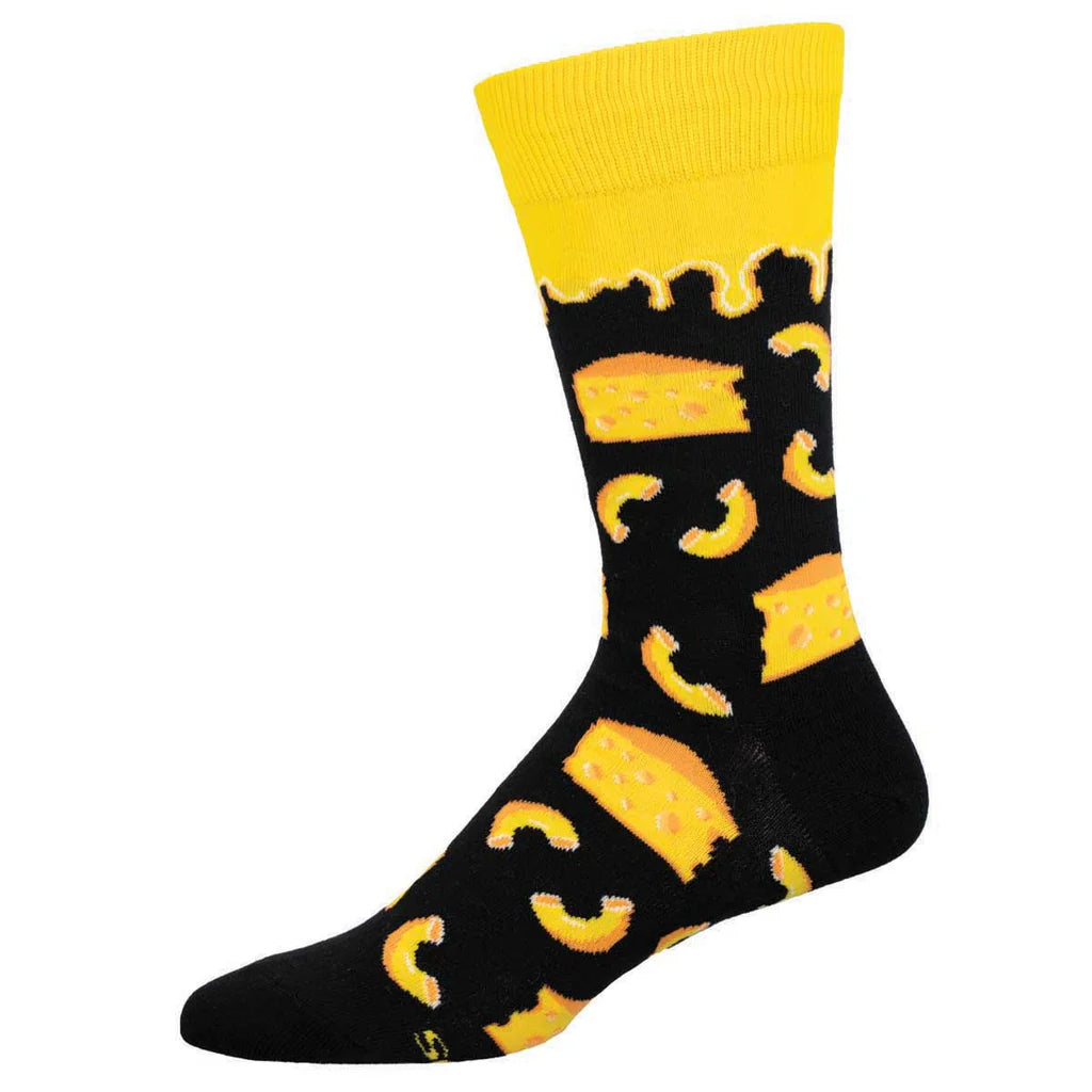 Men's mac and cheese crew sock, black with cheese wedges and noodles, yellow cuff, flat side view