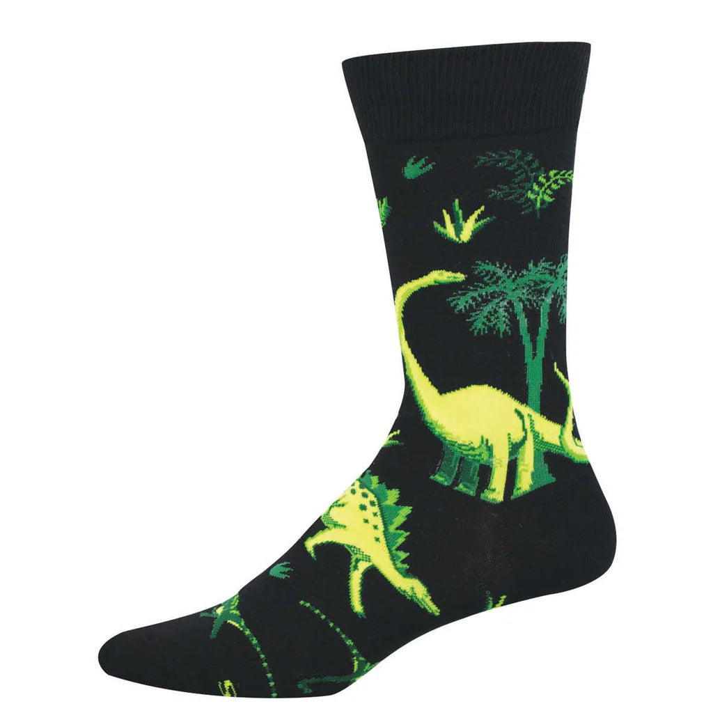 Men's dinosaur crew socks flat lay in black with green and yellow dinosaurs and ferns