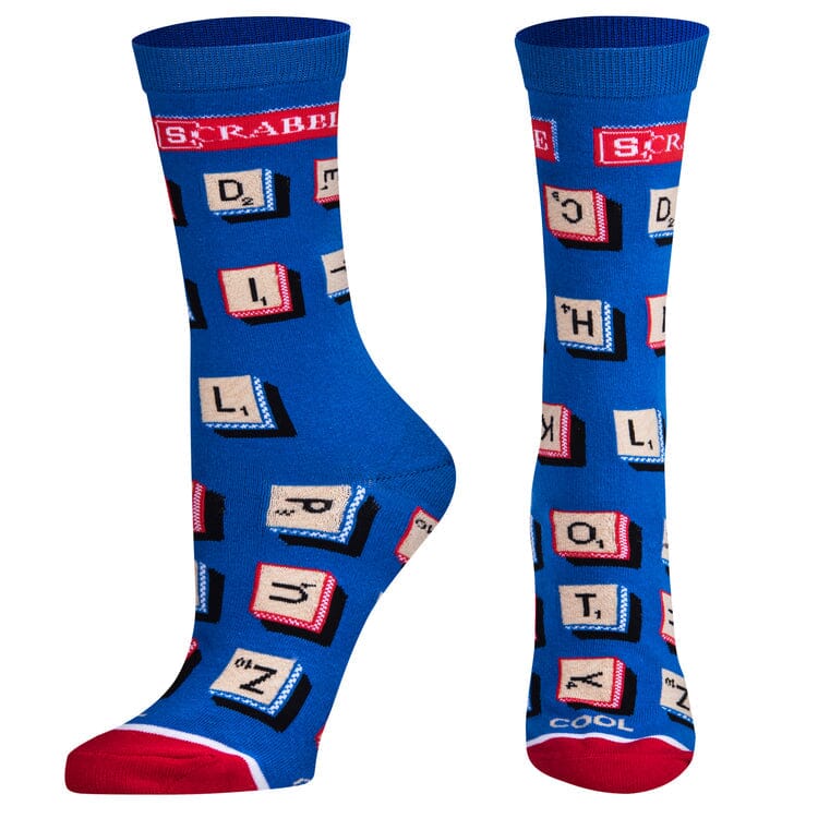 Women's Scrabble crew socks, angled view showing more letter tiles