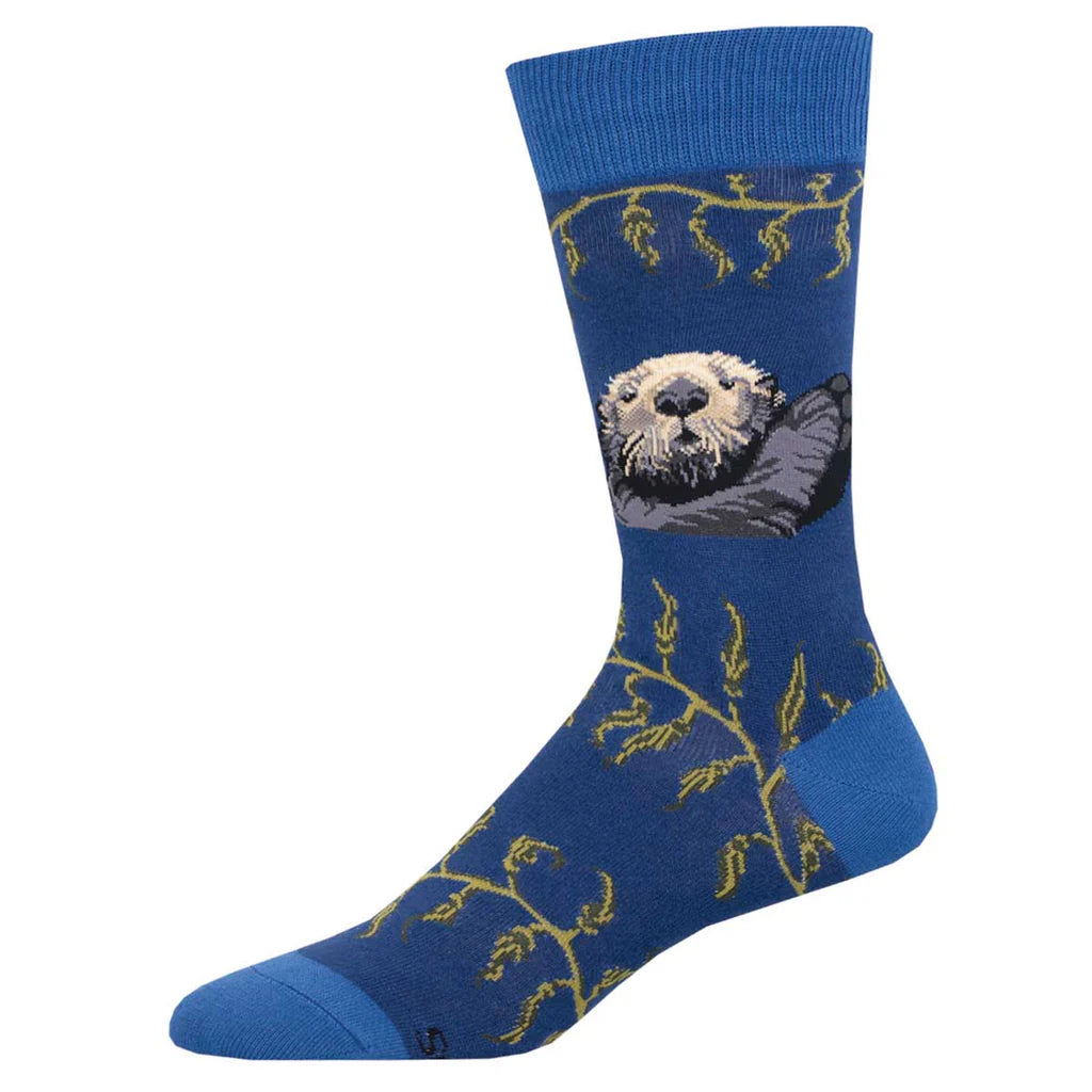 Men's sea otter crew sock, blue with floating otter and kelp design, flat side view