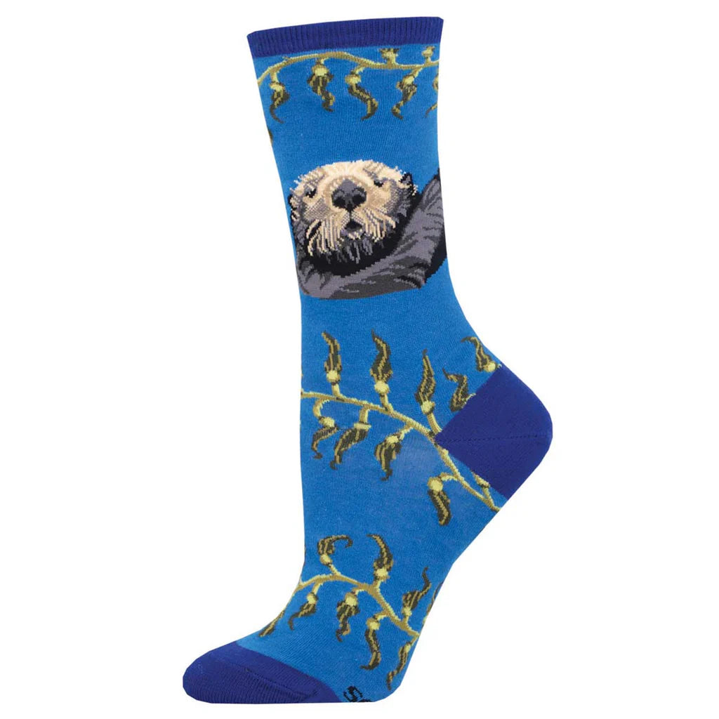 Women's sea otter and kelp crew sock in blue, flat product shot