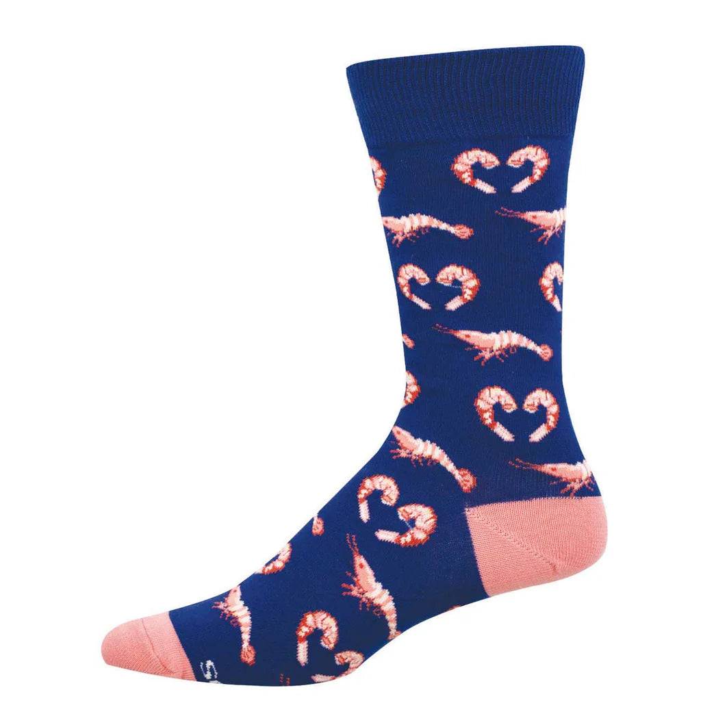 Men's shrimp crew socks flat lay in navy with curled coral pink shrimp pattern