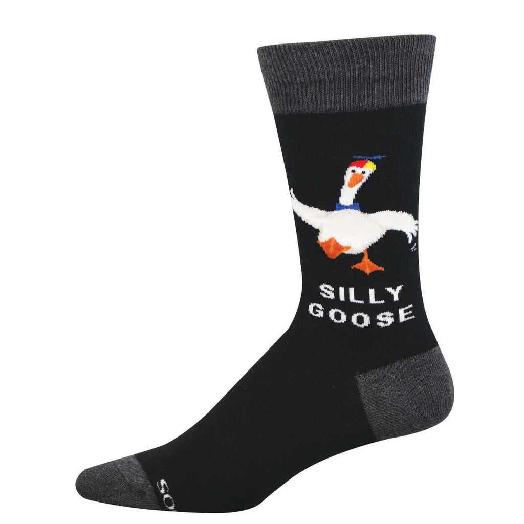 Men's silly goose crew socks flat lay in black with a white goose and Silly Goose text