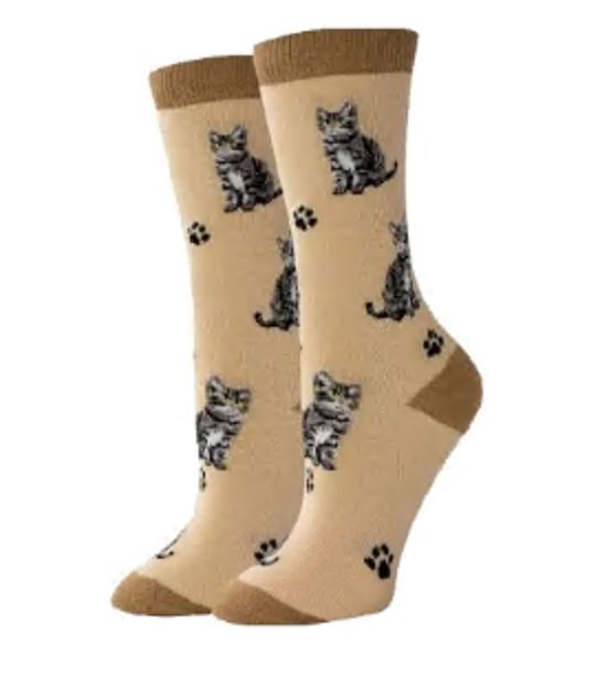 Women's silver tabby cat crew socks in tan, flat lay showing gray striped kittens and paw prints