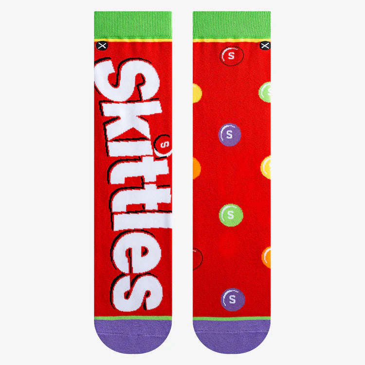 Men's Skittles crew socks front view showing the Skittles wordmark and candies