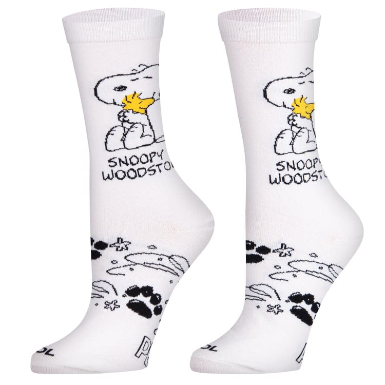 Women's Snoopy and Woodstock crew socks, front view with hugging beagle and bird on white