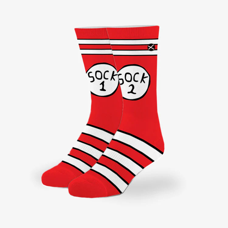 Kids' Sock 1 Sock 2 crew socks in red and white, worn front view showing 'Sock 1' and 'Sock 2' bubbles