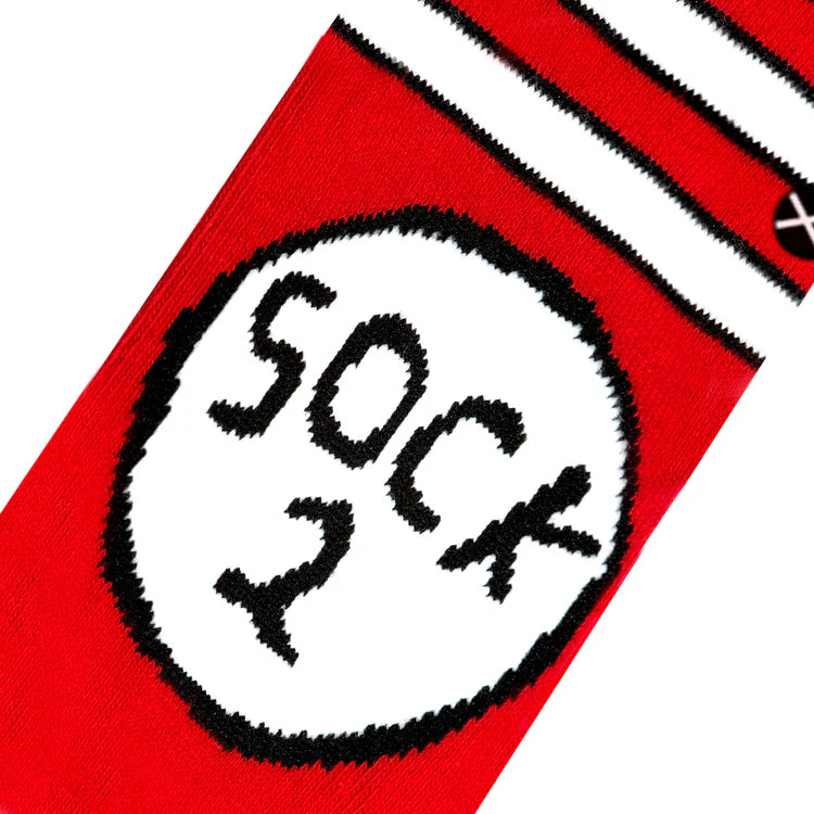 Men's Sock 1 Sock 2 crew socks, close-up of hand-lettered Sock 2 circle