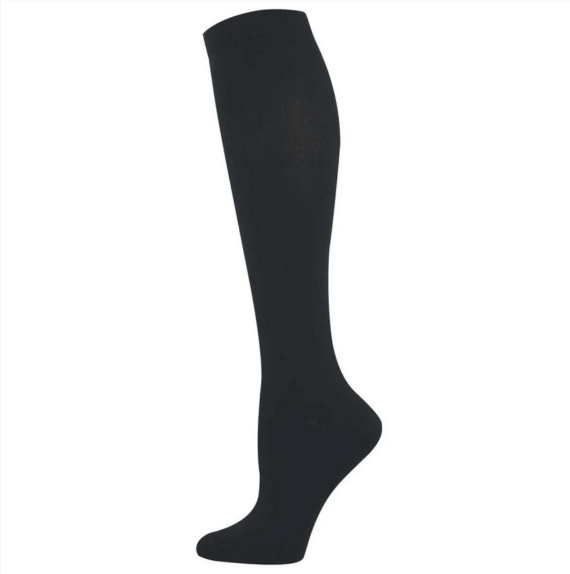 Women's solid black knee high socks, flat lay side view