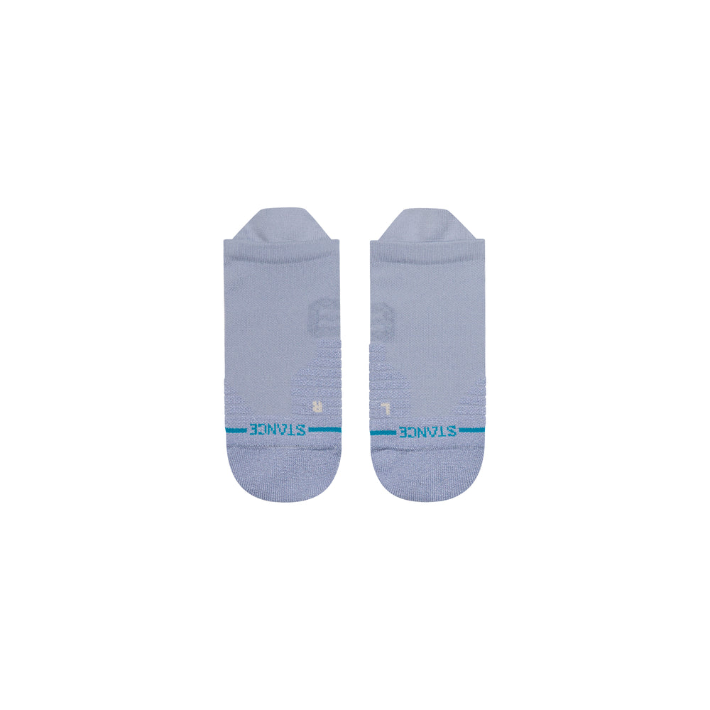Women's blue tab ankle socks, flat top view with logo