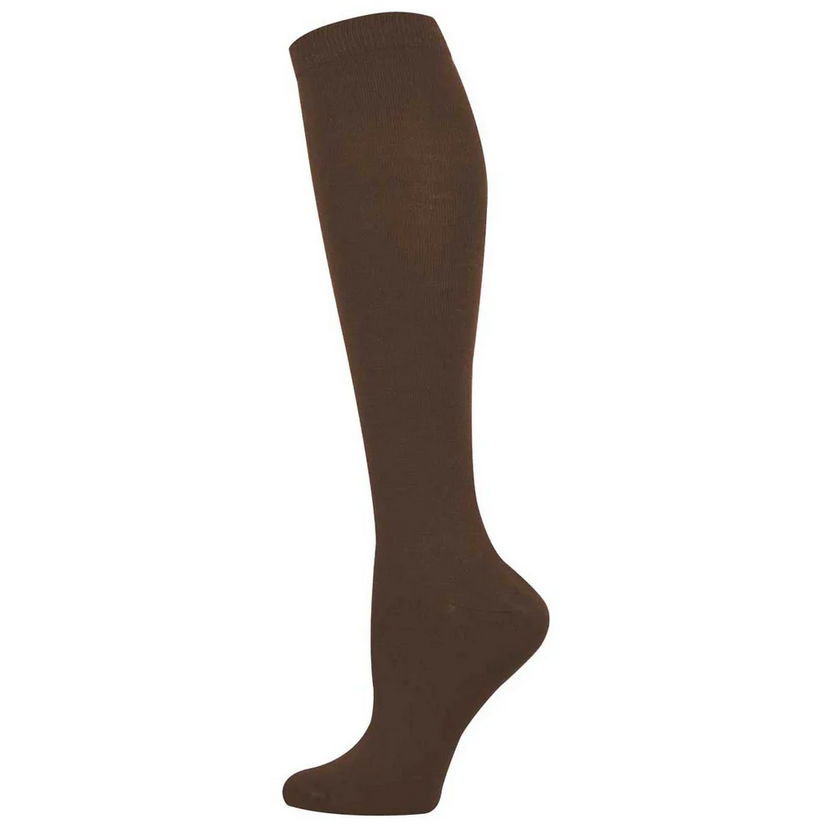 Women's solid brown knee high socks, flat lay side view