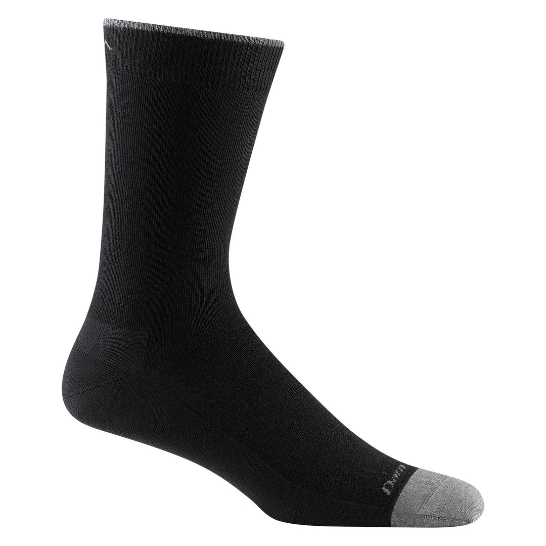 Men's solid black crew sock with gray toe, flat side view