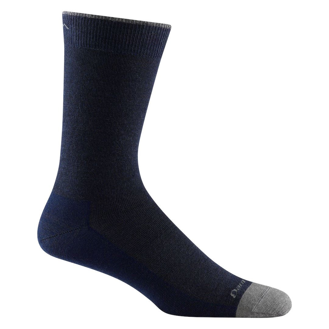 Men's solid navy crew sock with gray toe, flat product shot