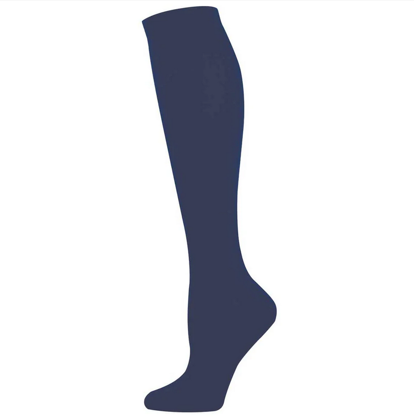 Women's solid navy knee high socks, flat lay side view