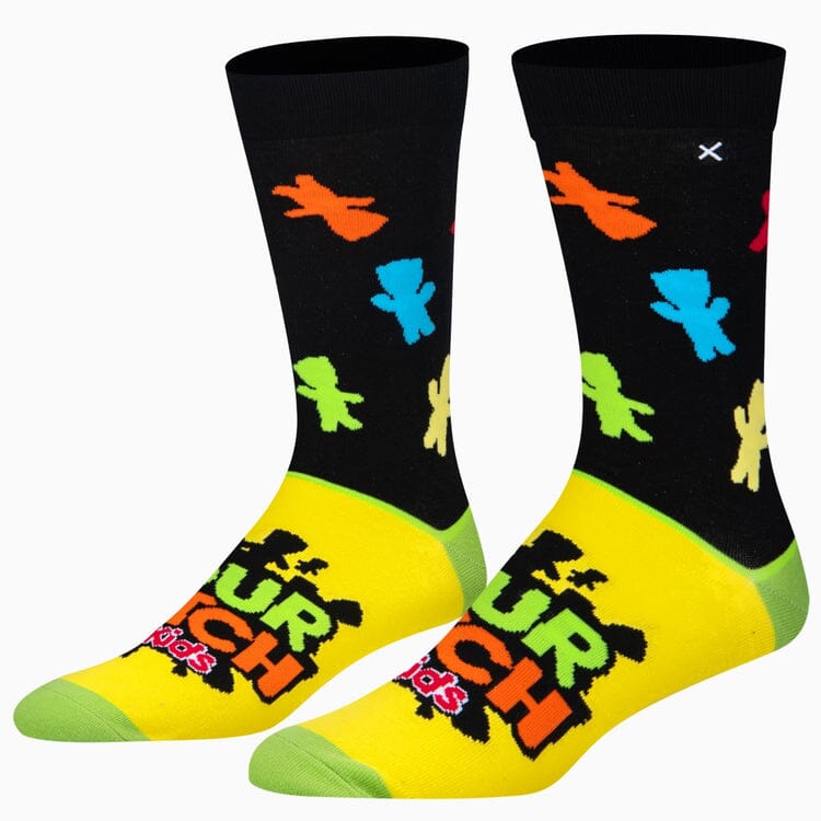 Men's Sour Patch crew socks, front view with neon gummies on black and yellow foot