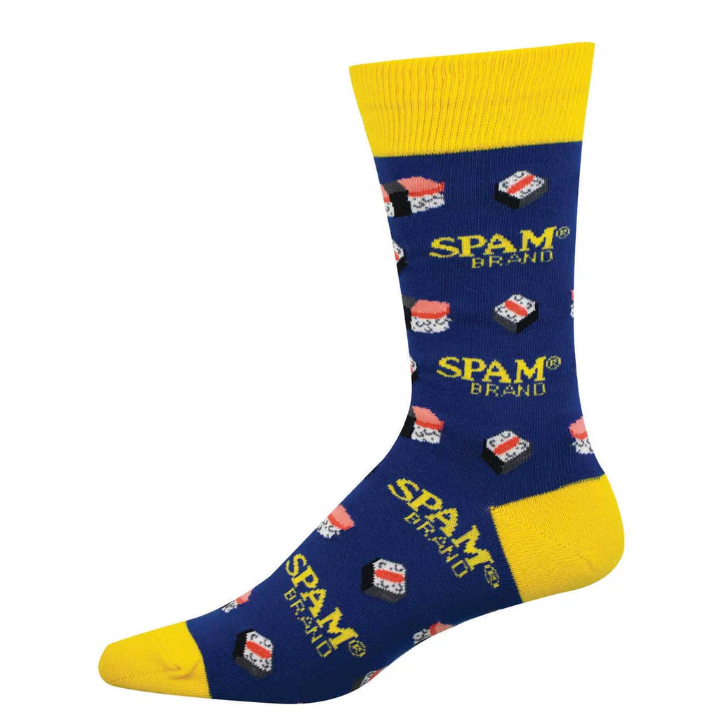 Men's Spam musubi crew socks flat lay on navy with SPAM cans and musubi rolls