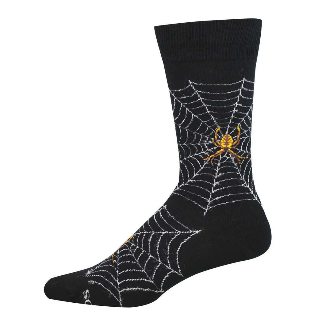 Men's spider web crew socks flat lay in black with white spider webs and an orange spider