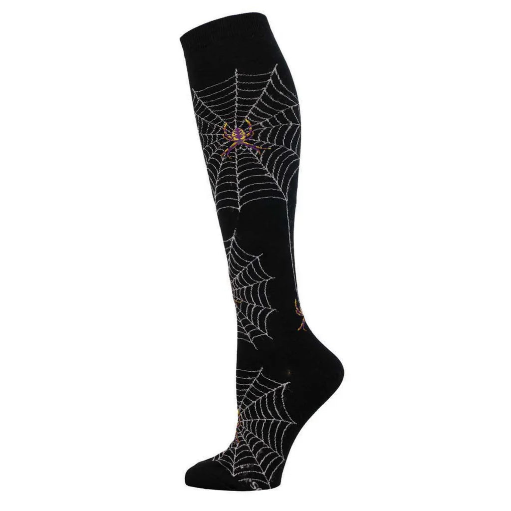 Women's black spider web knee high socks, flat single sock showing white webs and spiders