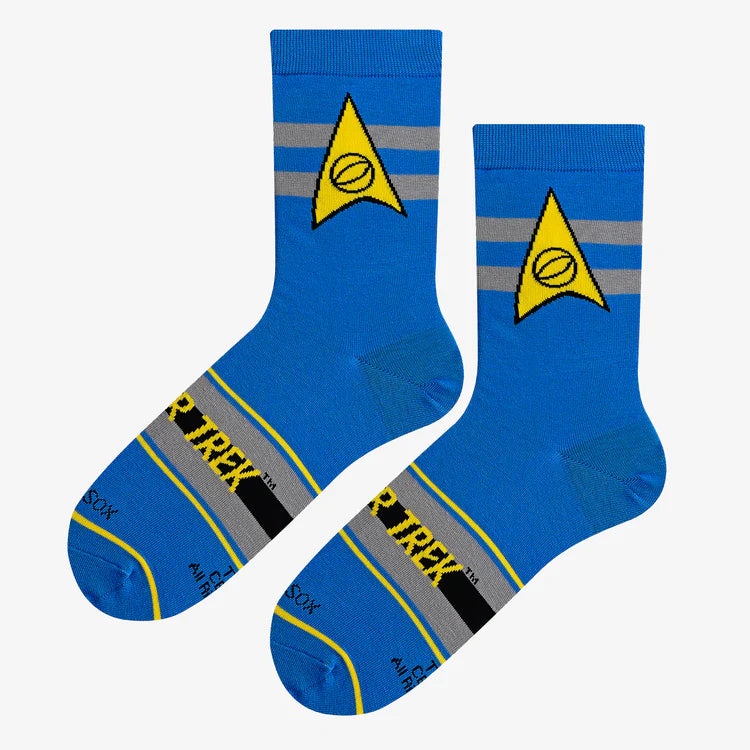 Men's Spock crew socks, flat lay showing Starfleet delta and stripes