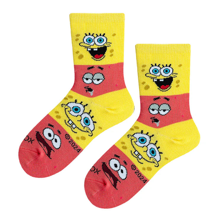 Kids' SpongeBob and Patrick crew socks flat front view showing stacked cartoon faces in yellow and pink