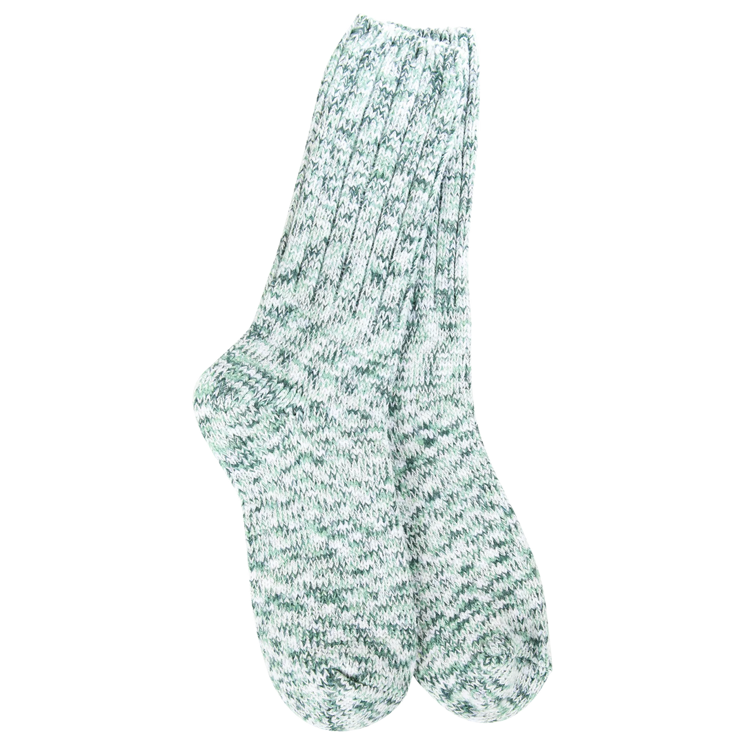 Women's spruce green marled ragg crew socks, flat view