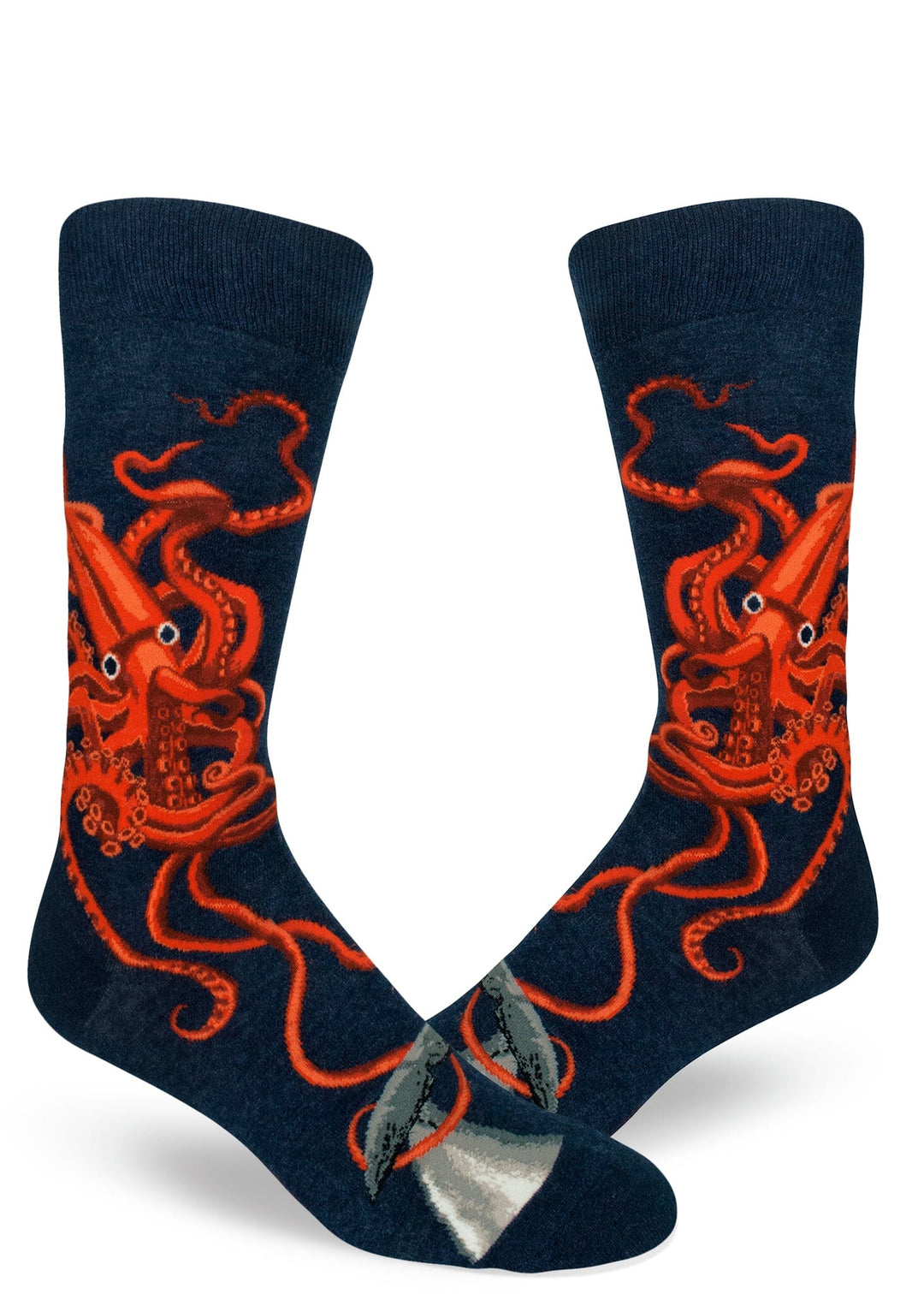 Men's squid and whale crew socks shown flat on navy with red squid and gray whale