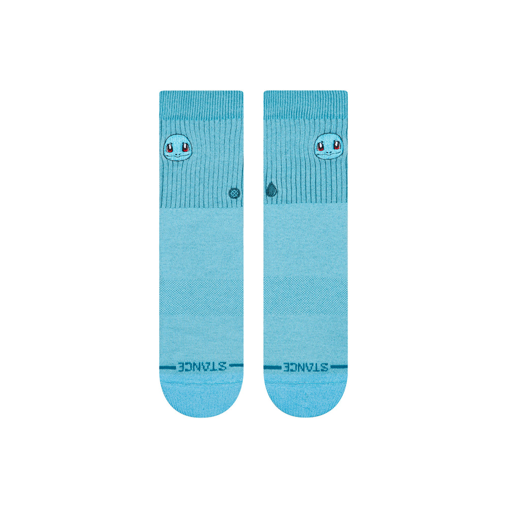 Kids' Squirtle aqua blue crew socks, flat front view with ribbed leg