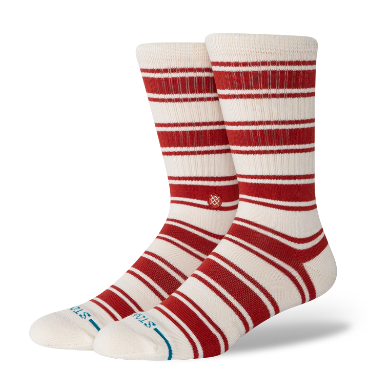 Women's cream and red pinstripe crew socks, flat front view