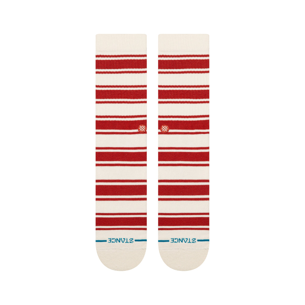 Women's cream pinstripe crew socks, close-up of cuff and heel detail