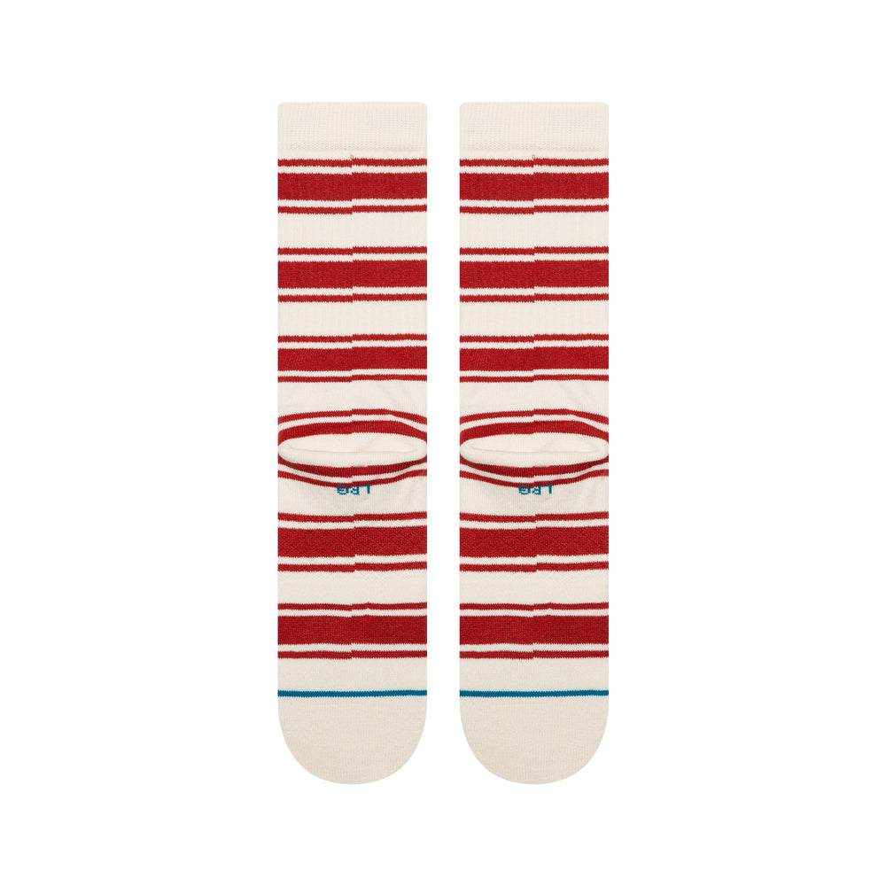 Women's red striped crew socks, flat back view