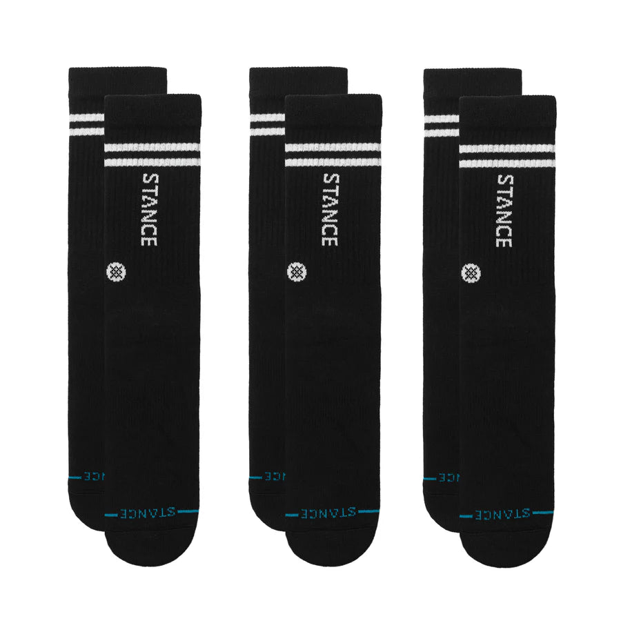 Men's black crew socks 6-pack, flat lay front view of three pairs