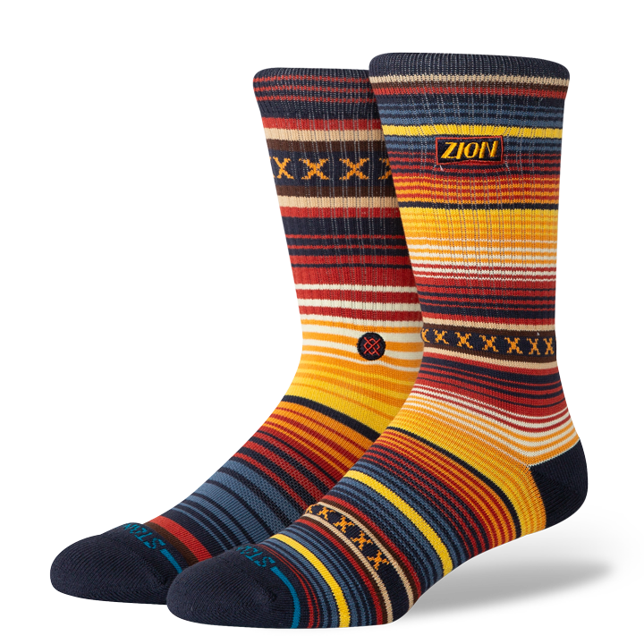 Men's navy Zion serape-stripe crew socks, flat front view