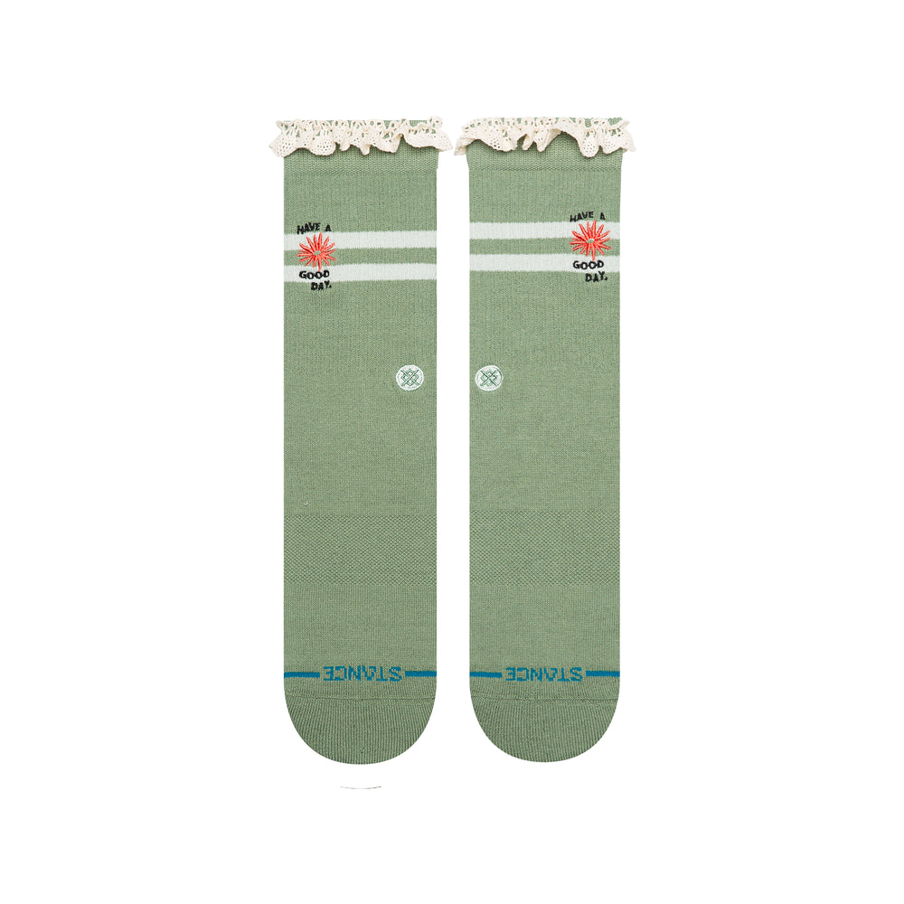 Women's Have a Good Day green crew socks, flat lay front view of pair