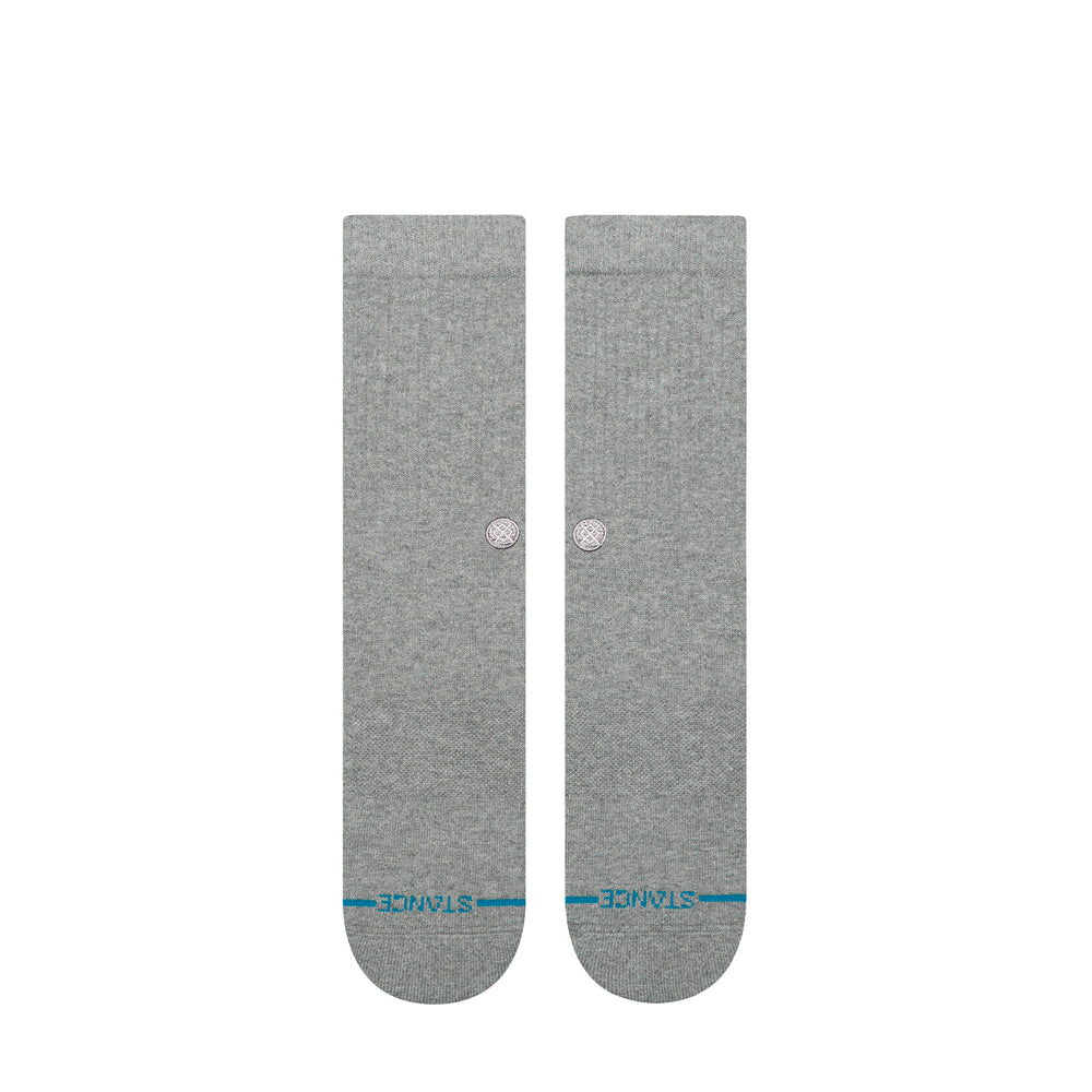 Men's extended size grey crew socks, flat front view