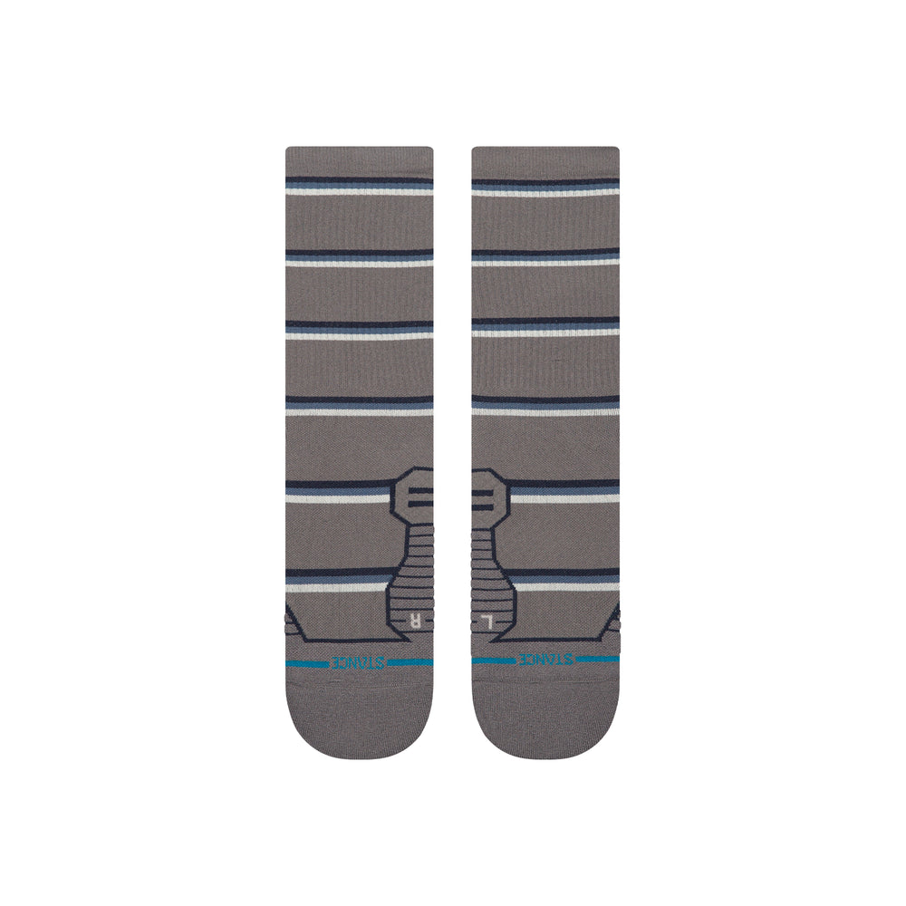 Men's multistripe ribbed darkgrey crew socks, flat lay back view of pair