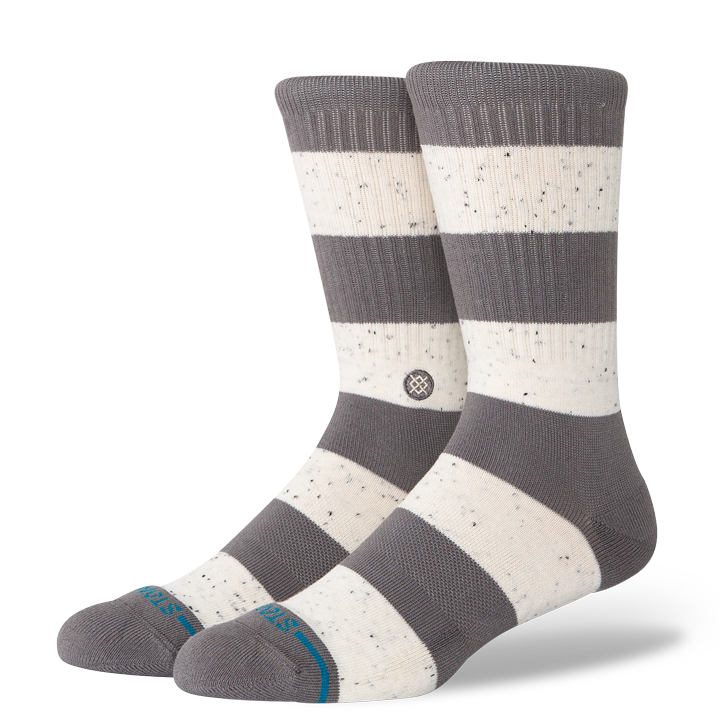 Women's grey rugby-stripe crew socks, flat front view