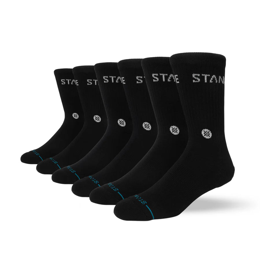 Women's 6-pack black crew socks, angled view of pairs