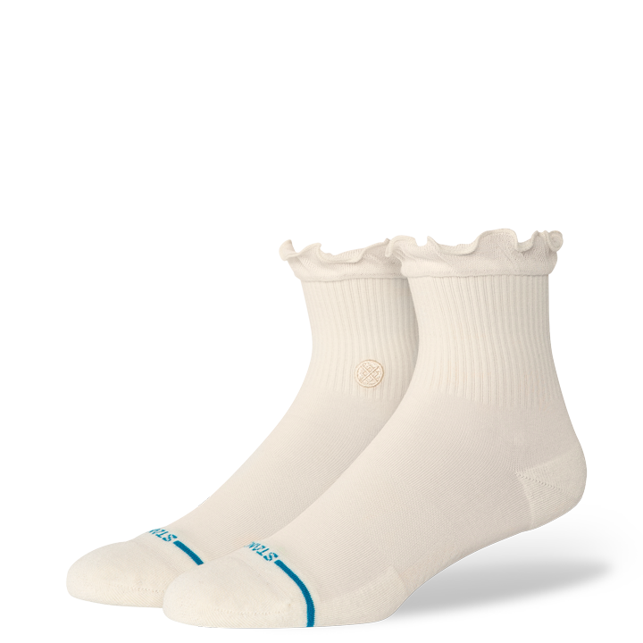 Women's Ruffle ivory quarter ankle socks with ruffle cuff, single pair flat lay