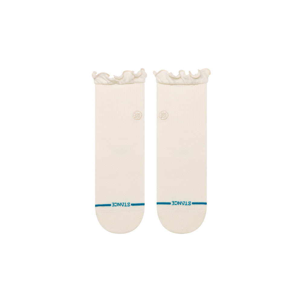 Women's Ruffle ivory quarter ankle socks, flat lay front view of pair