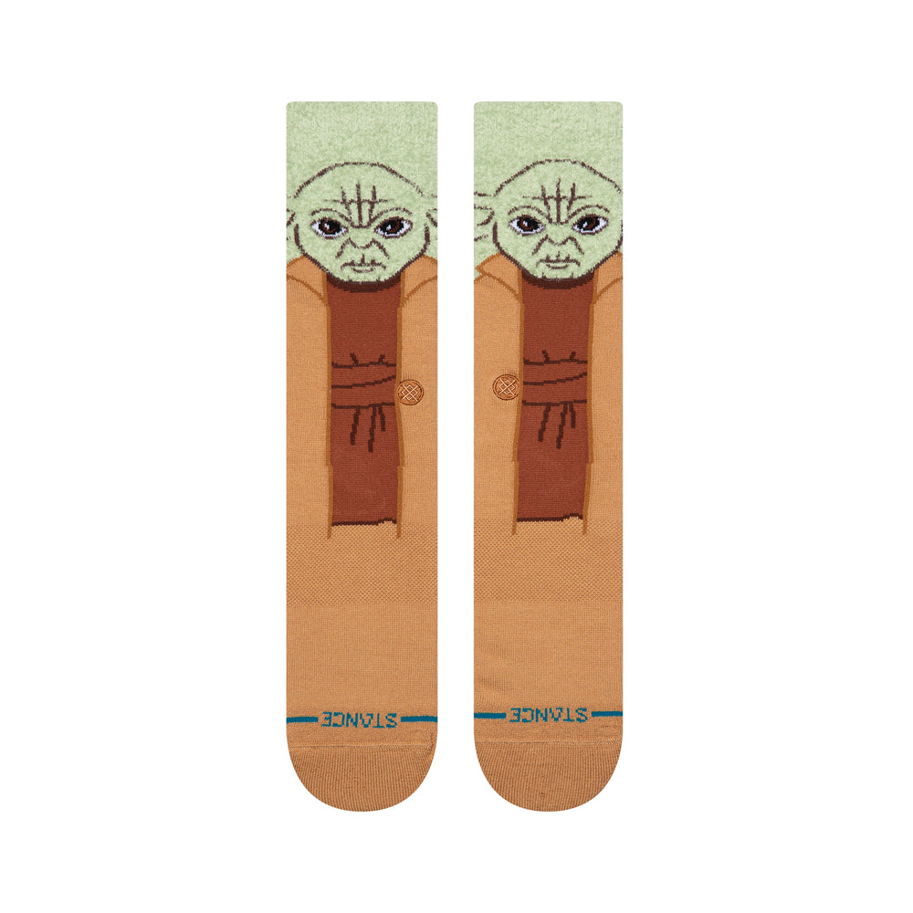 Men's green Yoda crew socks, flat front view showing face design