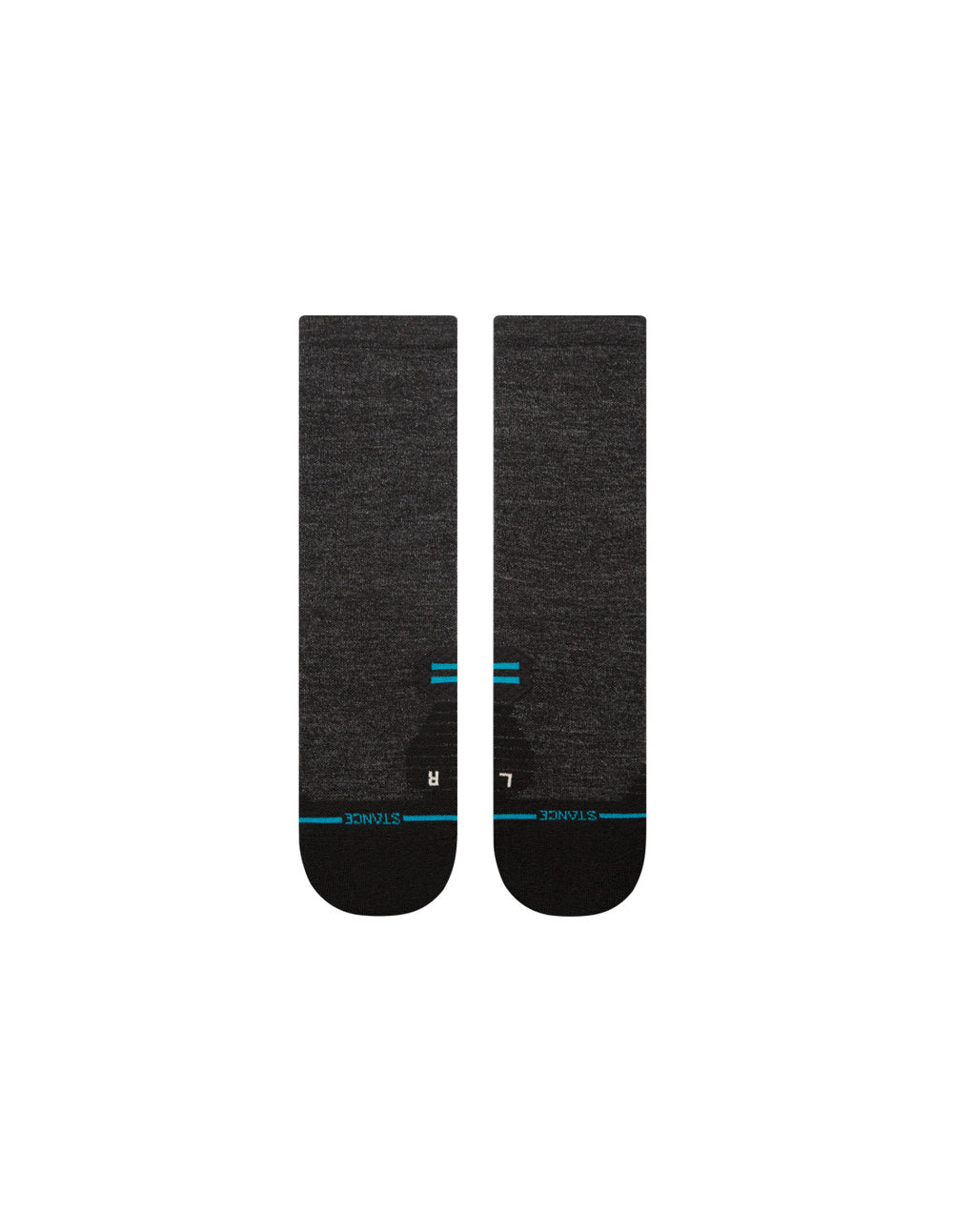 Men's charcoal wool hiking crew socks, flat back view showing teal accent and L/R footbeds